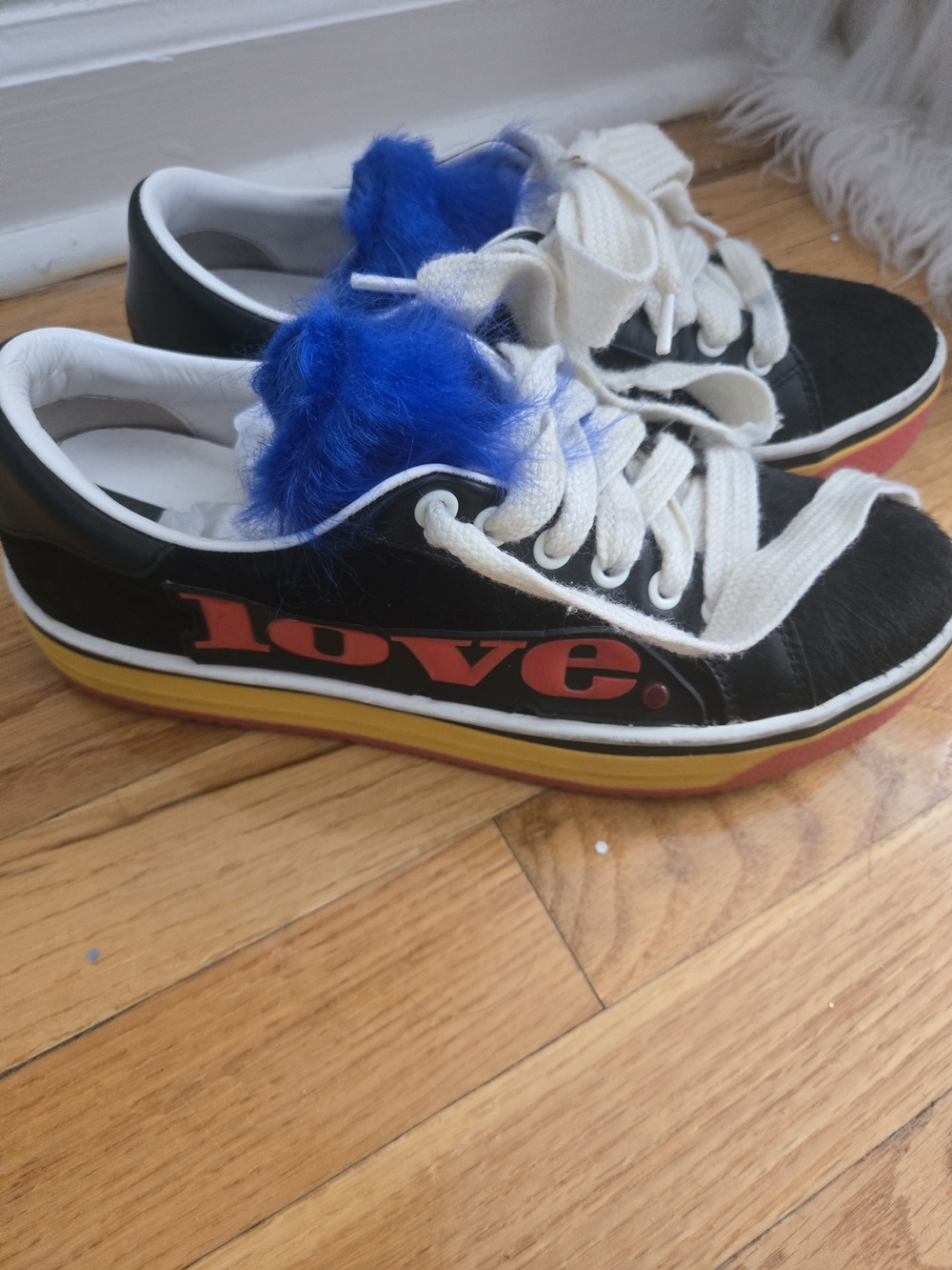 Marc Jacobs Black 'Love' Sneakers with Blue Fur Accent